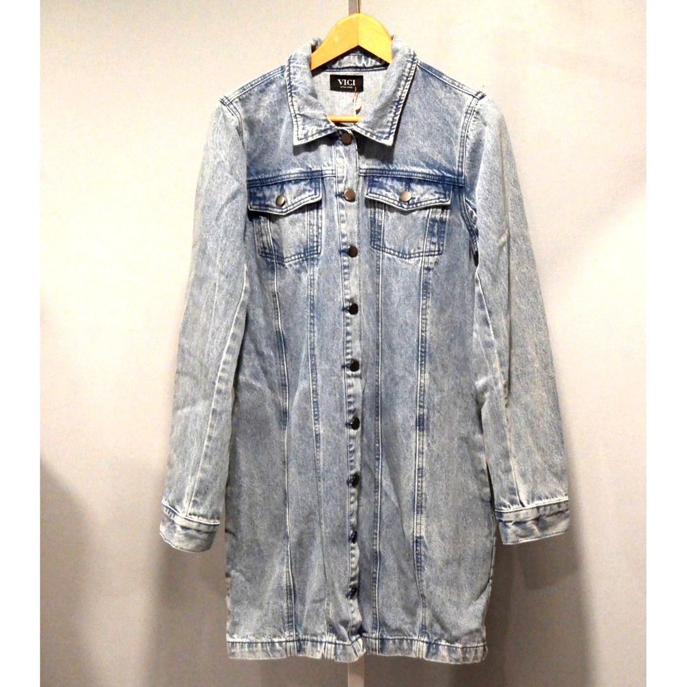 NWT VICI Size XL Longline Denim Shacket/Jacket Tunic Length 4 Pockets Button Up